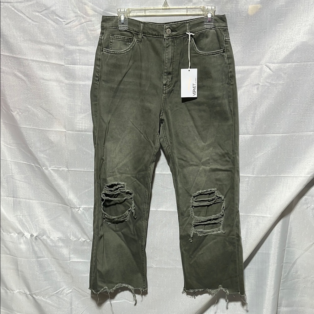 VERVET BY FLYING MONKEY Olive Green Distressed Cropped Jeans